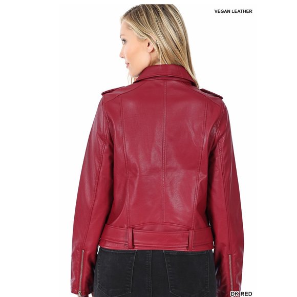 Moto Jacket Ladies Asymmetrical Jacket - Vegan Leather - Belted. Dark Red - Picture 2 of 9